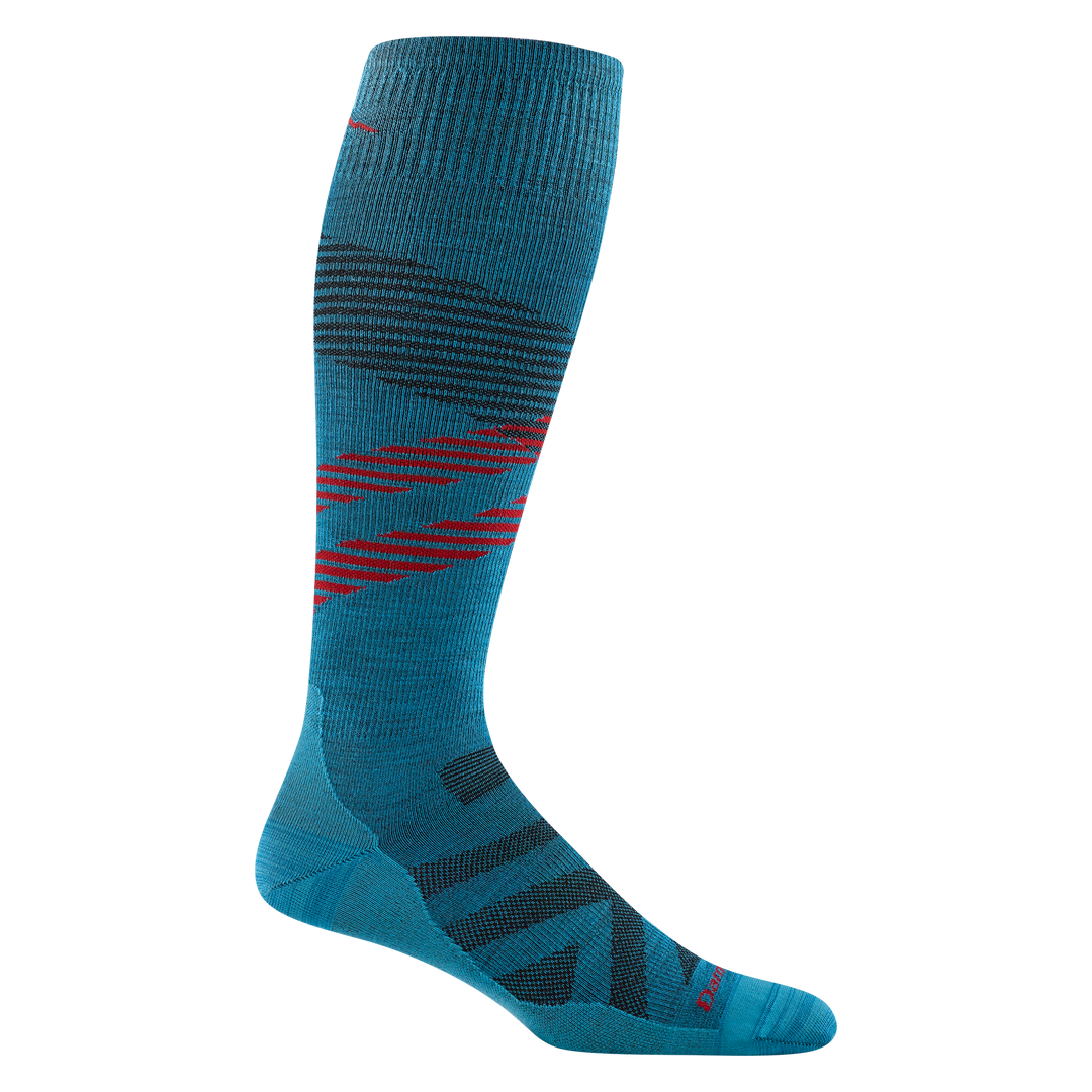 8002 men's pennant RFL over-the-calf ski sock in cascade with black chevron forefoot and red stripes across calf