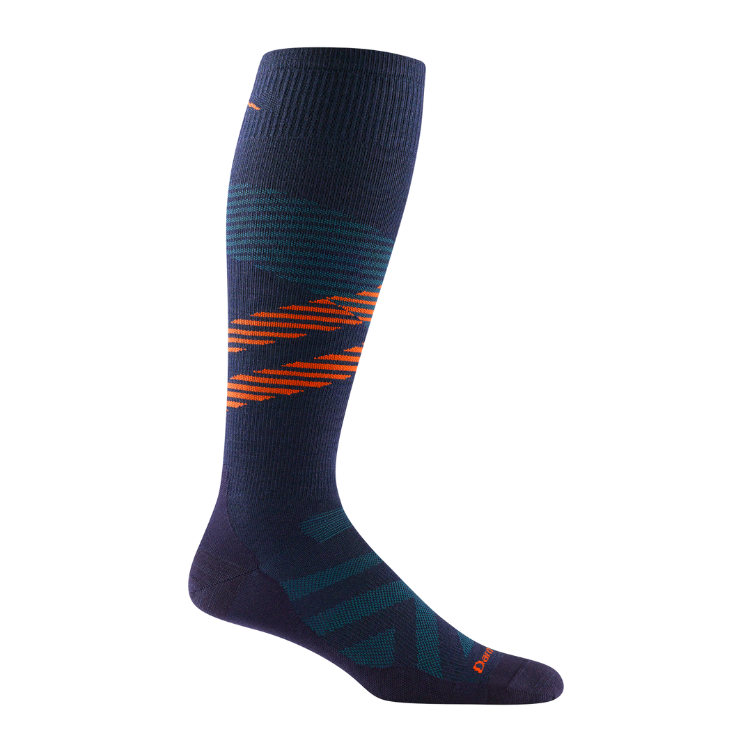 8002 men's pennant RFL over-the-calf ski sock in eclipse with light blue chevron and orange striping across calf