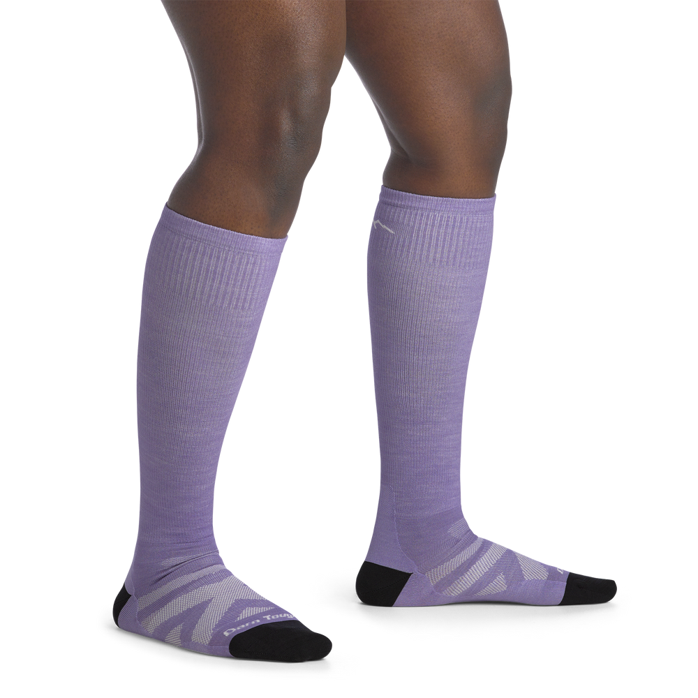 on model image bare foot wearing the 8008 RFL over the calf sock in lavender colorway