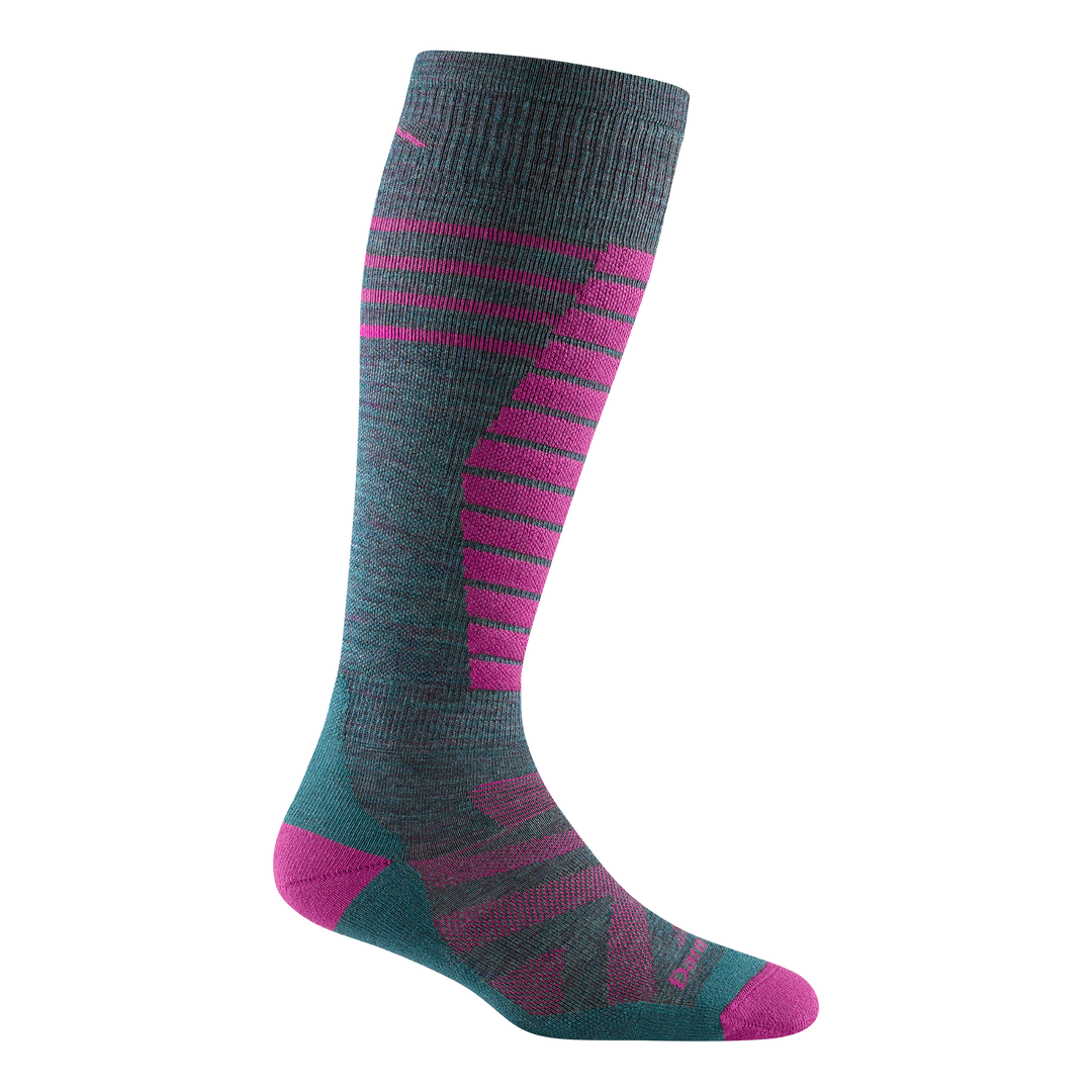 8013 women's edge over-the-calf ski sock in color teal with pink toe/heel accents and pink shin striping