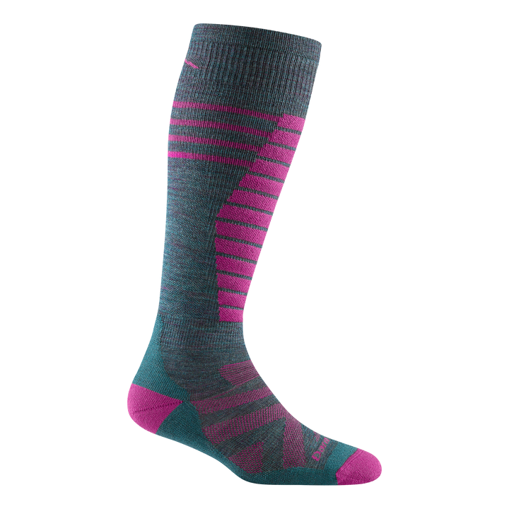 8013 women's edge over-the-calf ski sock in color teal with pink toe/heel accents and pink shin striping