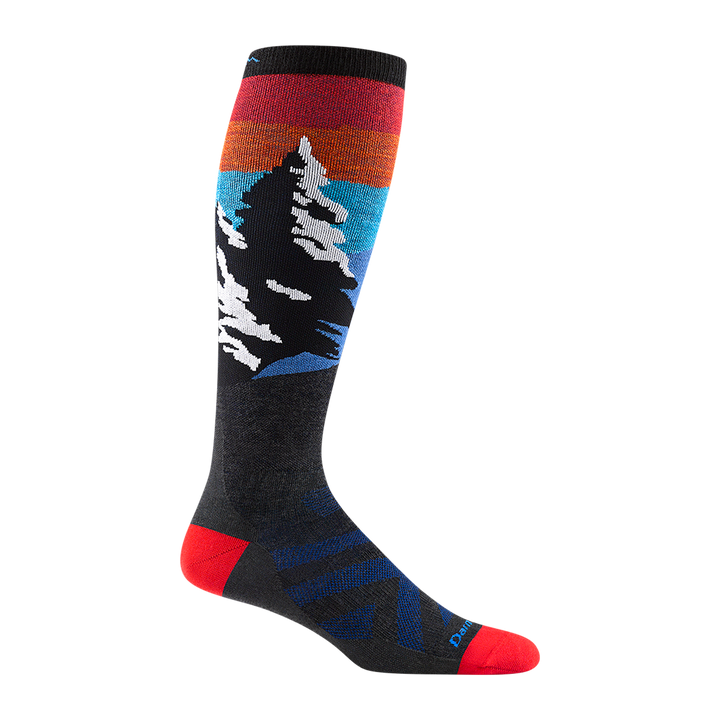 8014 men's solstice over-the-calf ski sock in charcoal with red toe/heel accents and snowing mountain design
