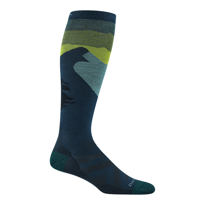 reverse 8014 men's solstice over-the-calf ski sock in with eclipse green toe/heel accents and snowy mountain design
