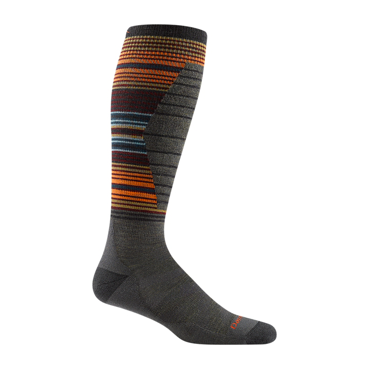 8016 men's backwoods over-the-calf ski sock in forest green with gray accents and gold, orange and blue calf striping
