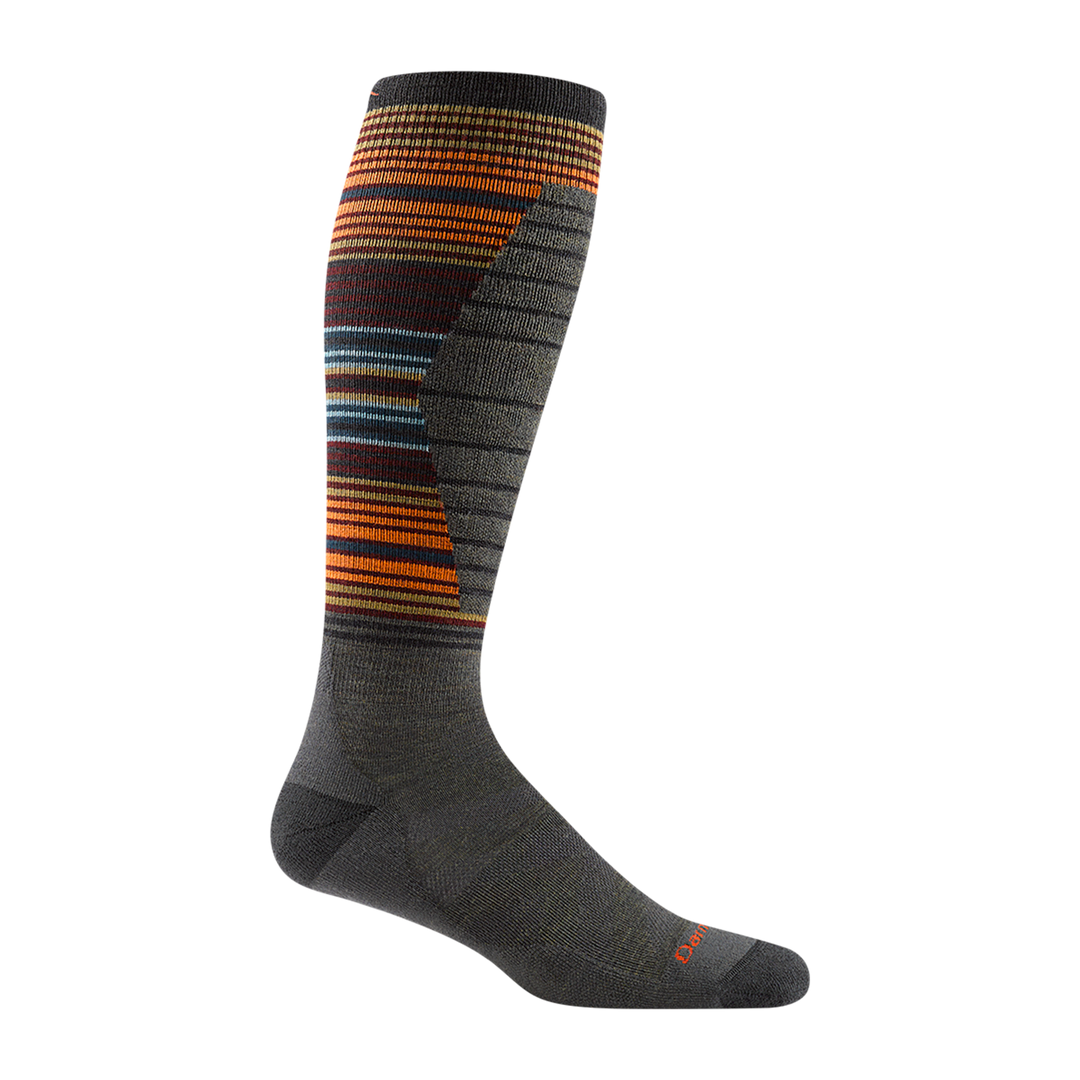 8016 men's backwoods over-the-calf ski sock in forest green with gray accents and gold, orange and blue calf striping