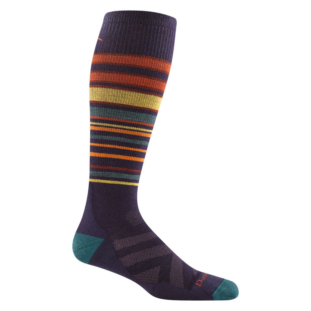 8017 Snowpack over the calf ski and snowboard sock in blackberry featuring teal toe/heel and multi color stripes on leg
