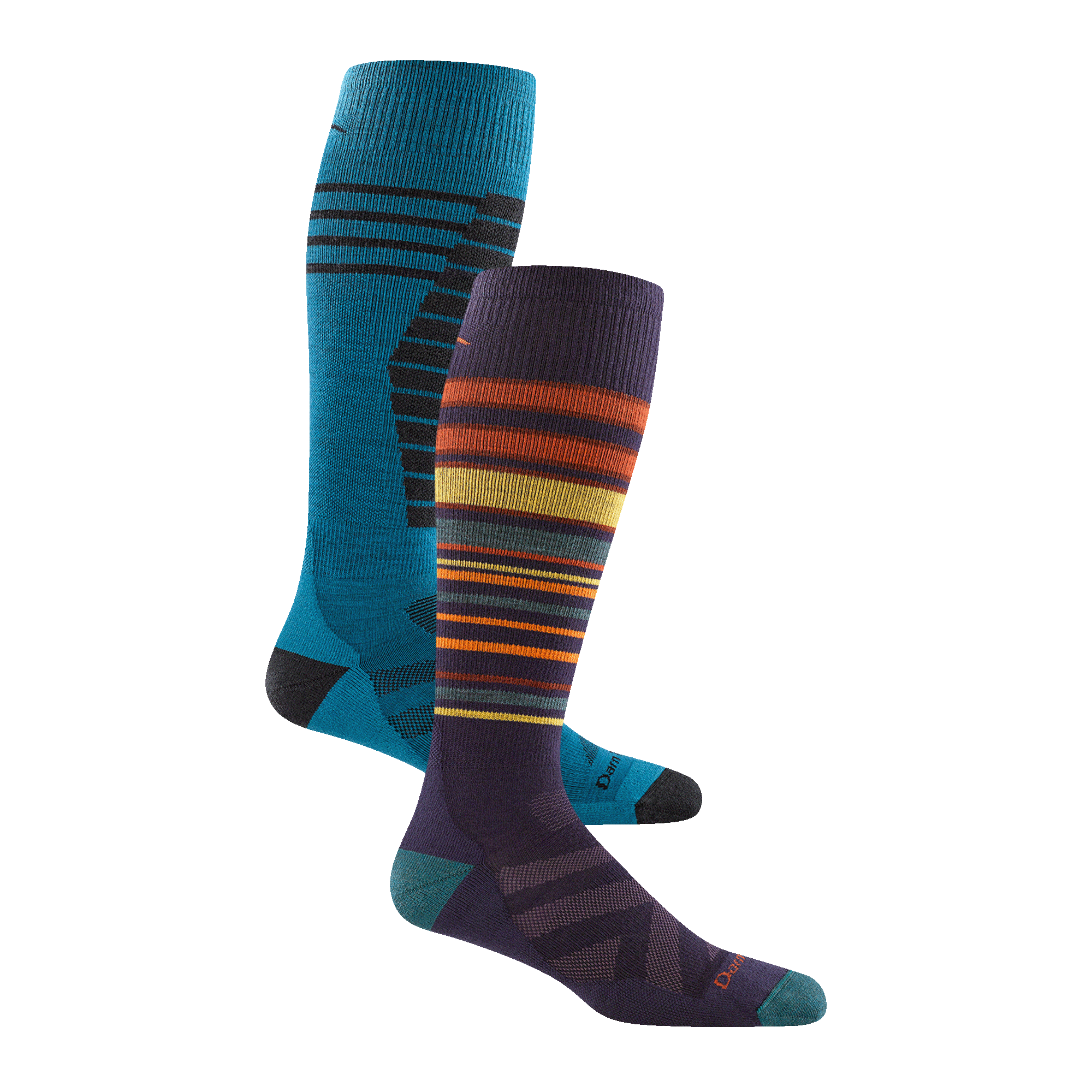 A studio shot of the Men's Midnight Ski and Snowboard 2-Pack containing the Edge Over-the-Calf Midweight sock and the Snowpack Over-the-Calf Midweight sock