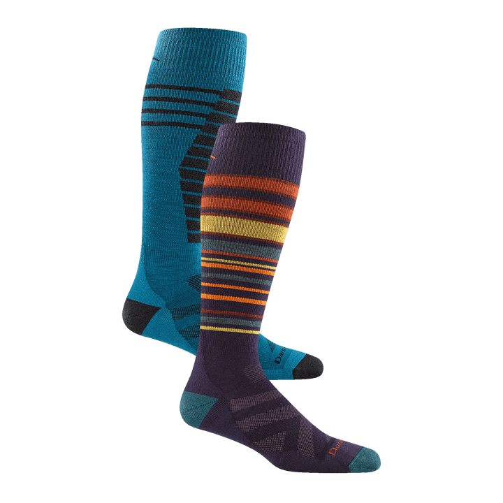 A studio shot of the Men's Midnight Ski and Snowboard 2-Pack containing the Edge Over-the-Calf Midweight sock and the Snowpack Over-the-Calf Midweight sock