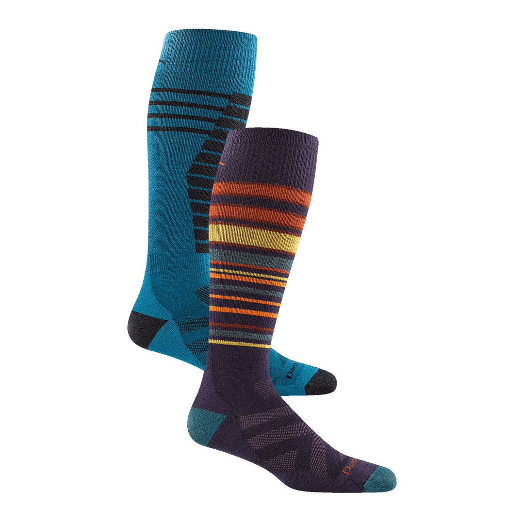 A studio shot of the Men's Midnight Ski and Snowboard 2-Pack containing the Edge Over-the-Calf Midweight sock and the Snowpack Over-the-Calf Midweight sock