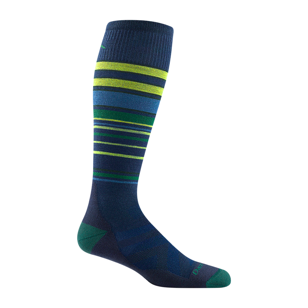 8017 men's snowpack over-the-calf ski sock in navy blue with green toe/heel accents and green and blue calf striping