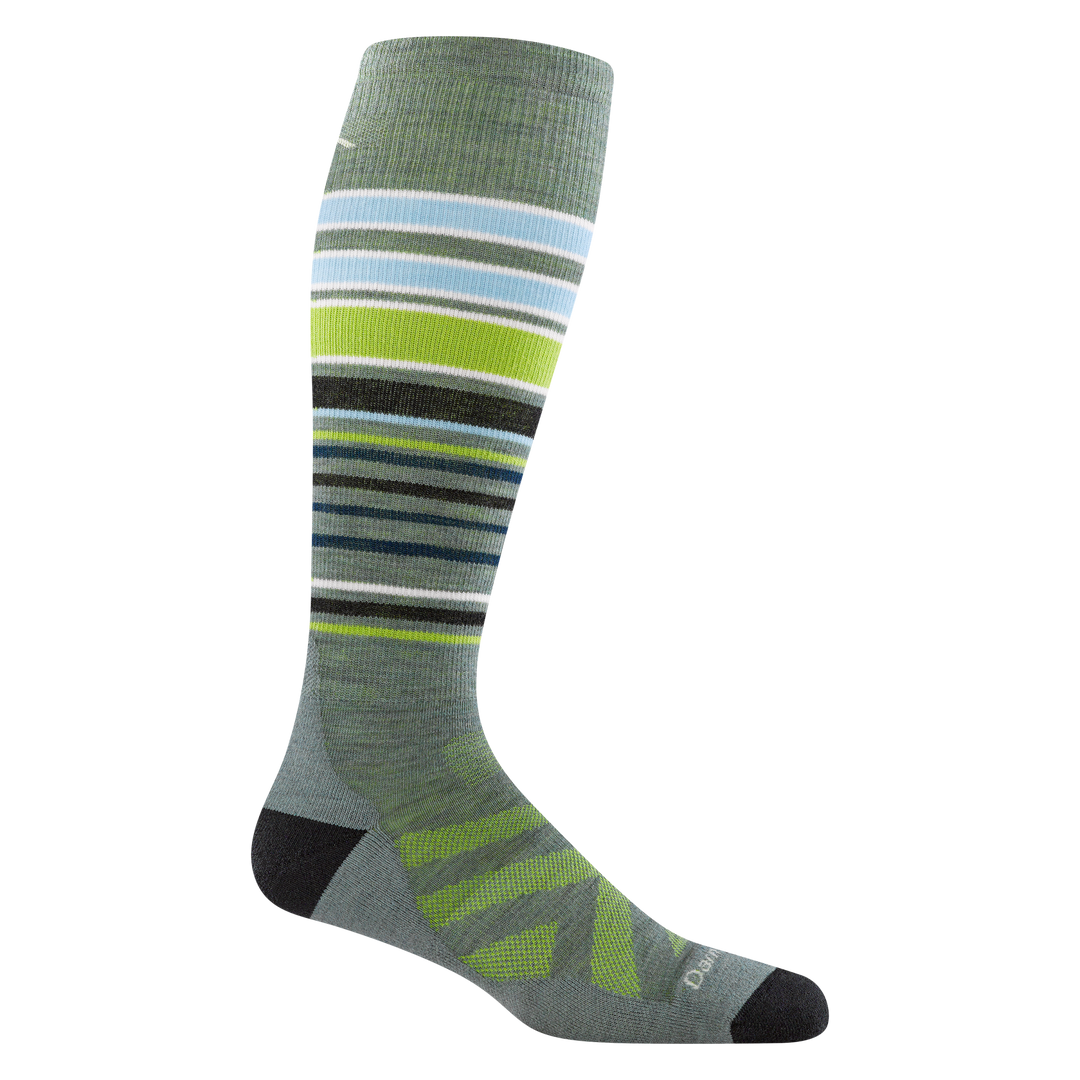 8017 Snowpack over the calf ski and snowboard sock in seafoam featuring black toe/heel and multi color stripes on leg
