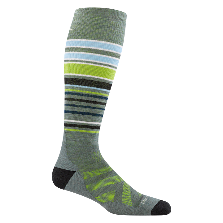 8017 Snowpack over the calf ski and snowboard sock in seafoam featuring black toe/heel and multi color stripes on leg
