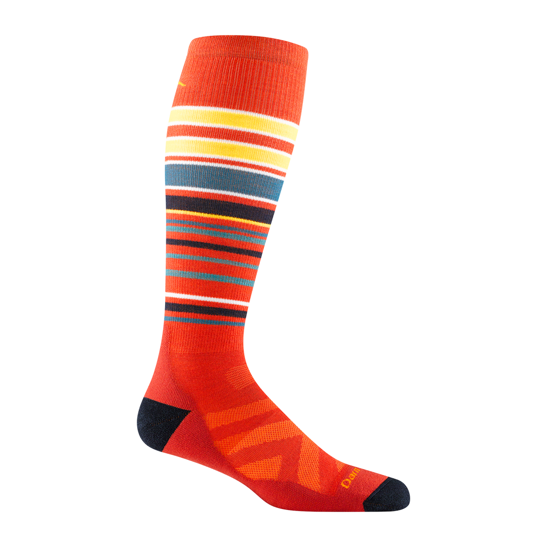 8017 Snowpack over the calf ski and snowboard  sock in tiger orange featuring black toe/heel and stripes on leg