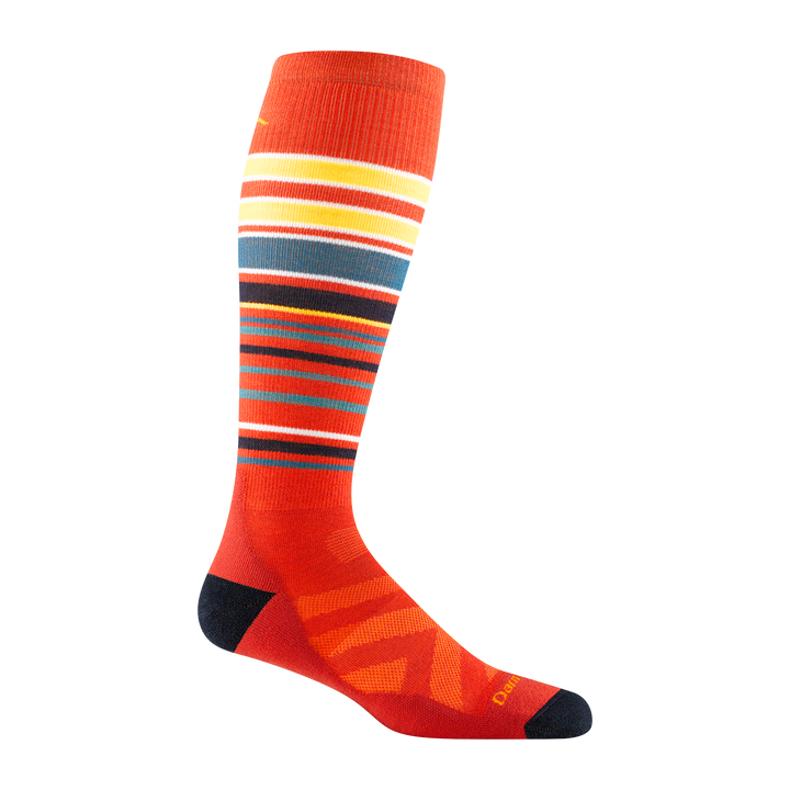 8017 Snowpack over the calf ski and snowboard  sock in tiger orange featuring black toe/heel and stripes on leg