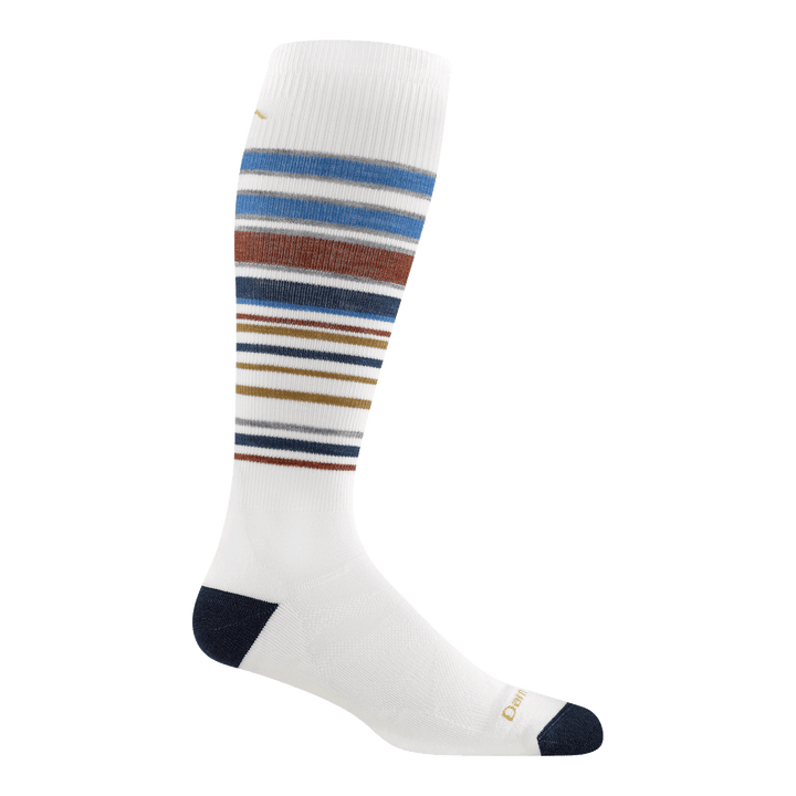 8017 Snowpack over the calf Limited edition ski and snowboard sock in White featuring a gold body navy heel/toe and stripes of blue/gold/rust up the leg