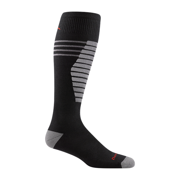 8020 men's thermolite edge over-the-calf ski sock in color black with light gray toe/heel accents and gray shin striping