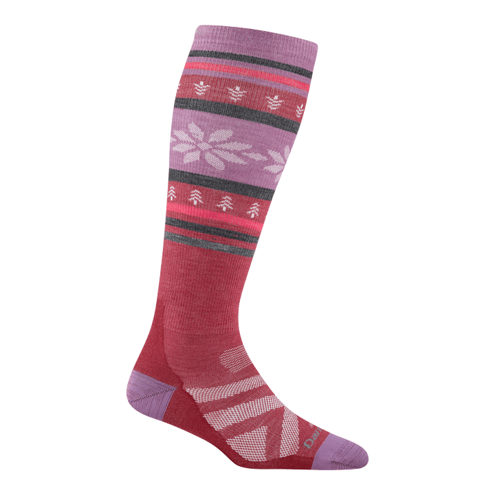 8021 women's alpine over-the-calf ski sock in color cranberry with white snowflake accents and gray and pink calf striping