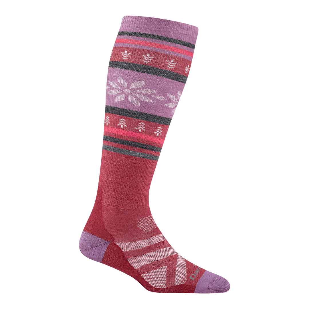 8021 women's alpine over-the-calf ski sock in color cranberry with white snowflake accents and gray and pink calf striping