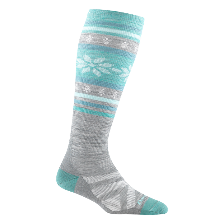 8021 women's alpine over-the-calf ski sock in color gray with light blue accents and light blue and teal calf striping