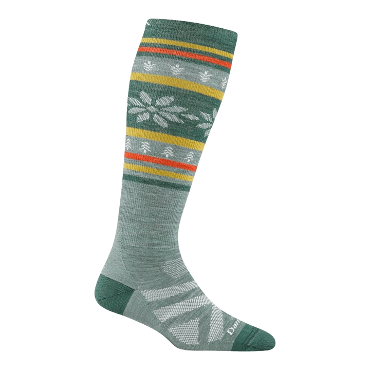 8021 women's alpine over-the-calf ski sock in color seafoam with white snowflake accents and yellow and orange calf striping