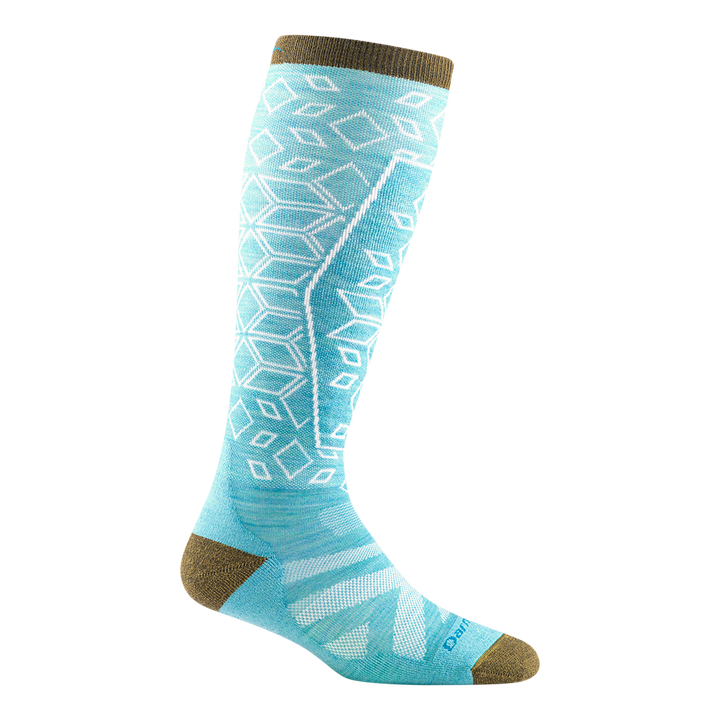 8022 women's traverse over-the-calf ski sock in aqua with gold toe/heel accents and white geometric design on shin/calf
