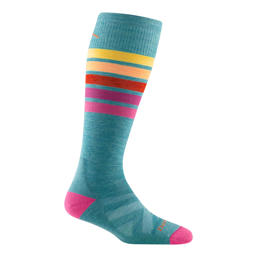 8028 women's snowburst over-the-calf ski sock in aqua with pink toe/heel accents and pink, red, and yellow calf striping