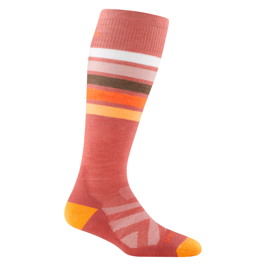 8028 women's snowburst over-the-calf ski sock in Canyon pink with orange accents, and yellow, brown and white calf striping
