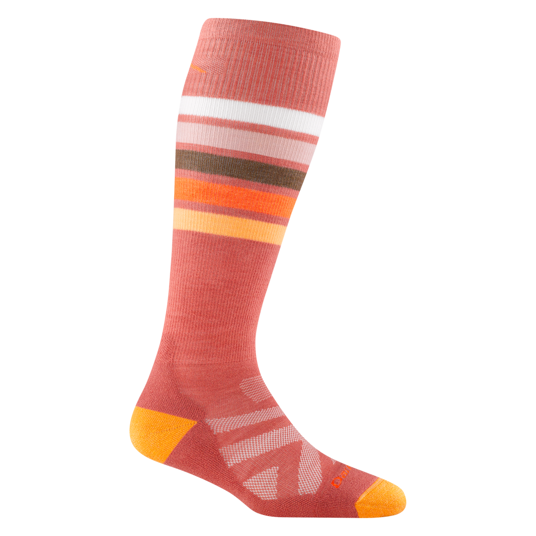 8028 women's snowburst over-the-calf ski sock in Canyon pink with orange accents, and yellow, brown and white calf striping
