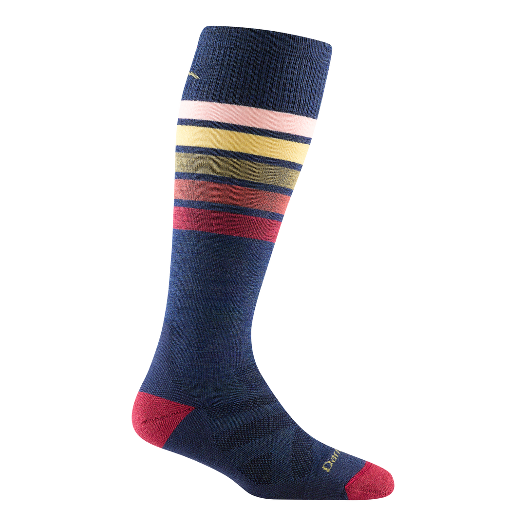 8028 women's snowburst over-the-calf ski sock in denim blue with red accents, and red, green and pink calf striping