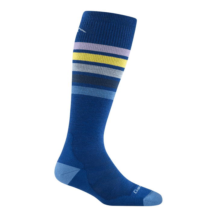 8028 Women's snowburst Limited edition ski and snowboard sock in Marine featuring light blue toe/heel with yellow/purple/blue stripes on leg