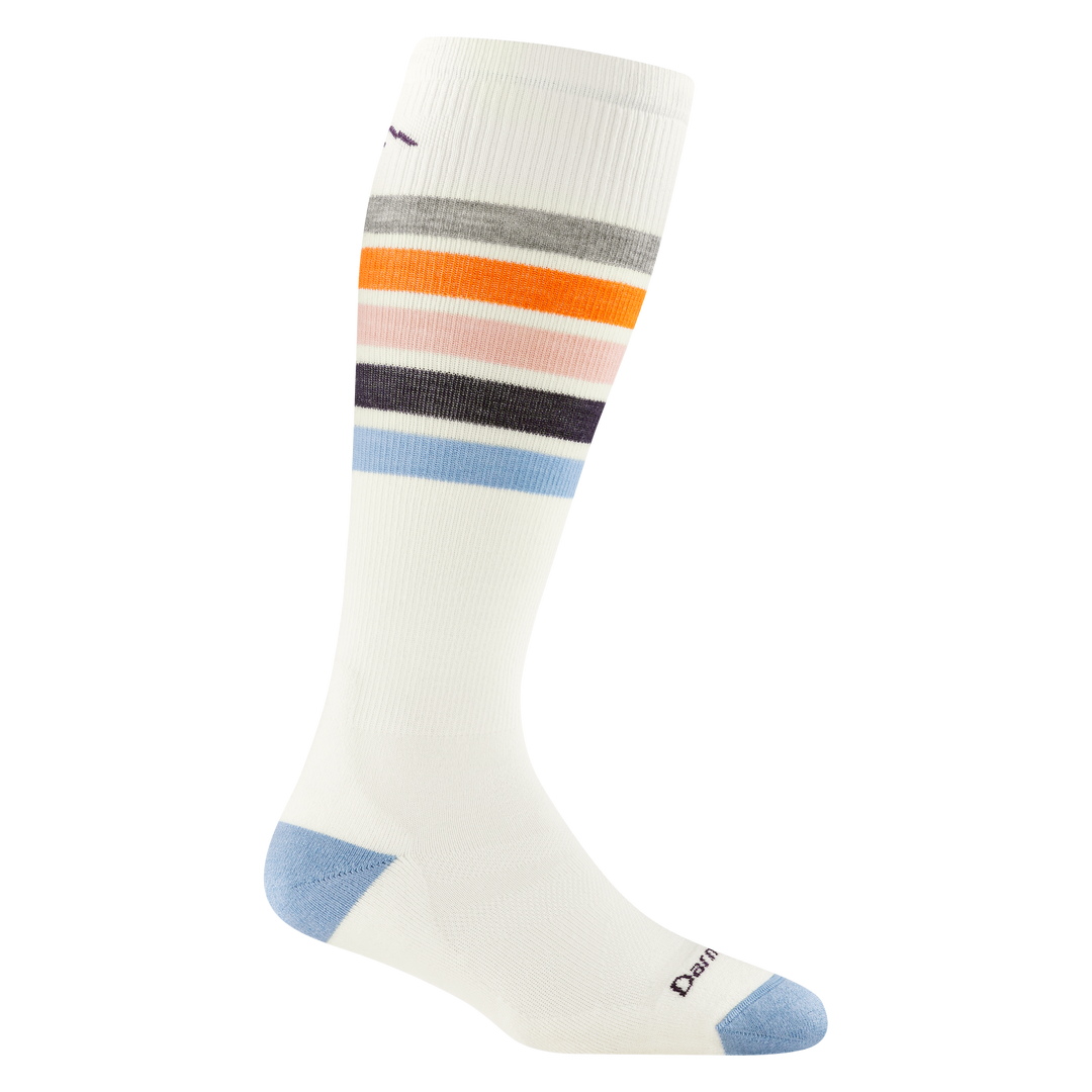 8028 women's snowburst over-the-calf ski sock in white with blue accents, and orange, blue and gray calf striping
