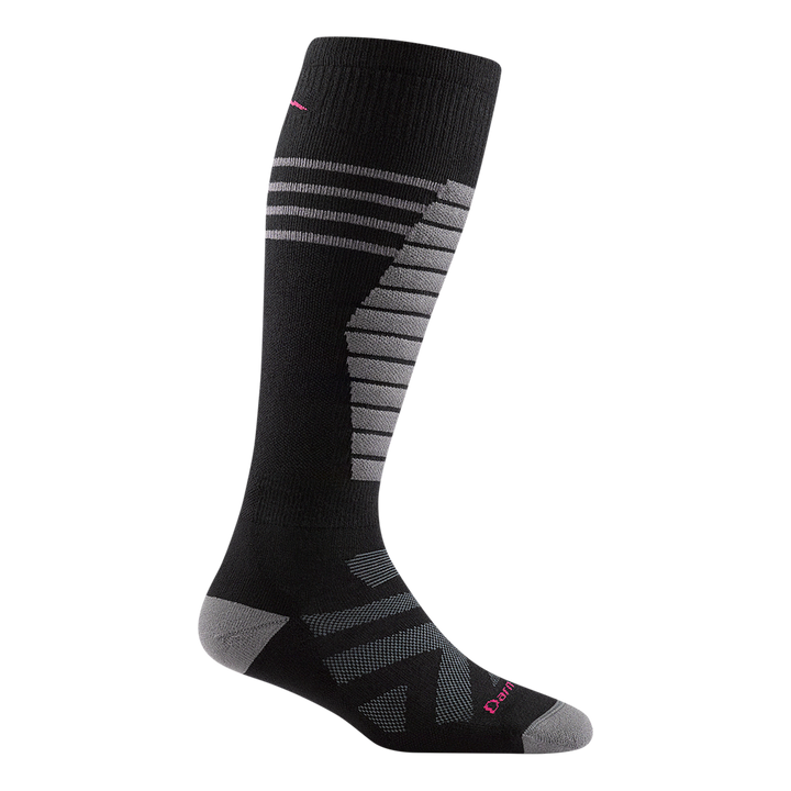 8030 women's thermolite edge over-the-calf ski sock in color black with gray toe/heel accents and gray striping on shin