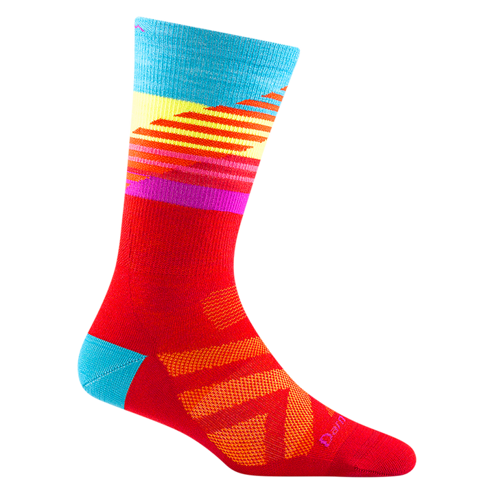 8031 women's lillehammer nordic boot ski sock in color red with blue heel and yellow, blue, and pink calf striping