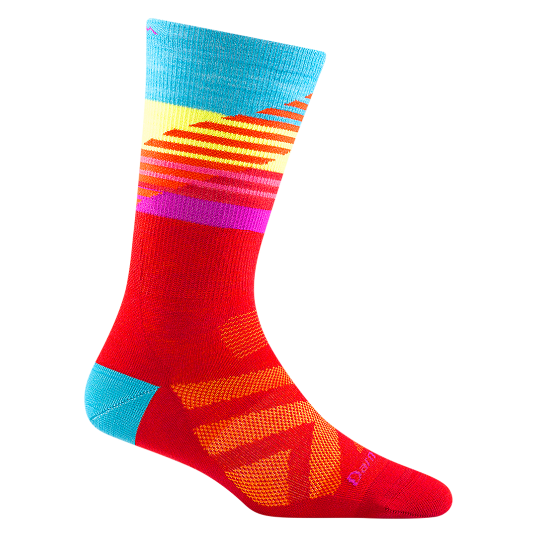 8031 women's lillehammer nordic boot ski sock in color red with blue heel and yellow, blue, and pink calf striping