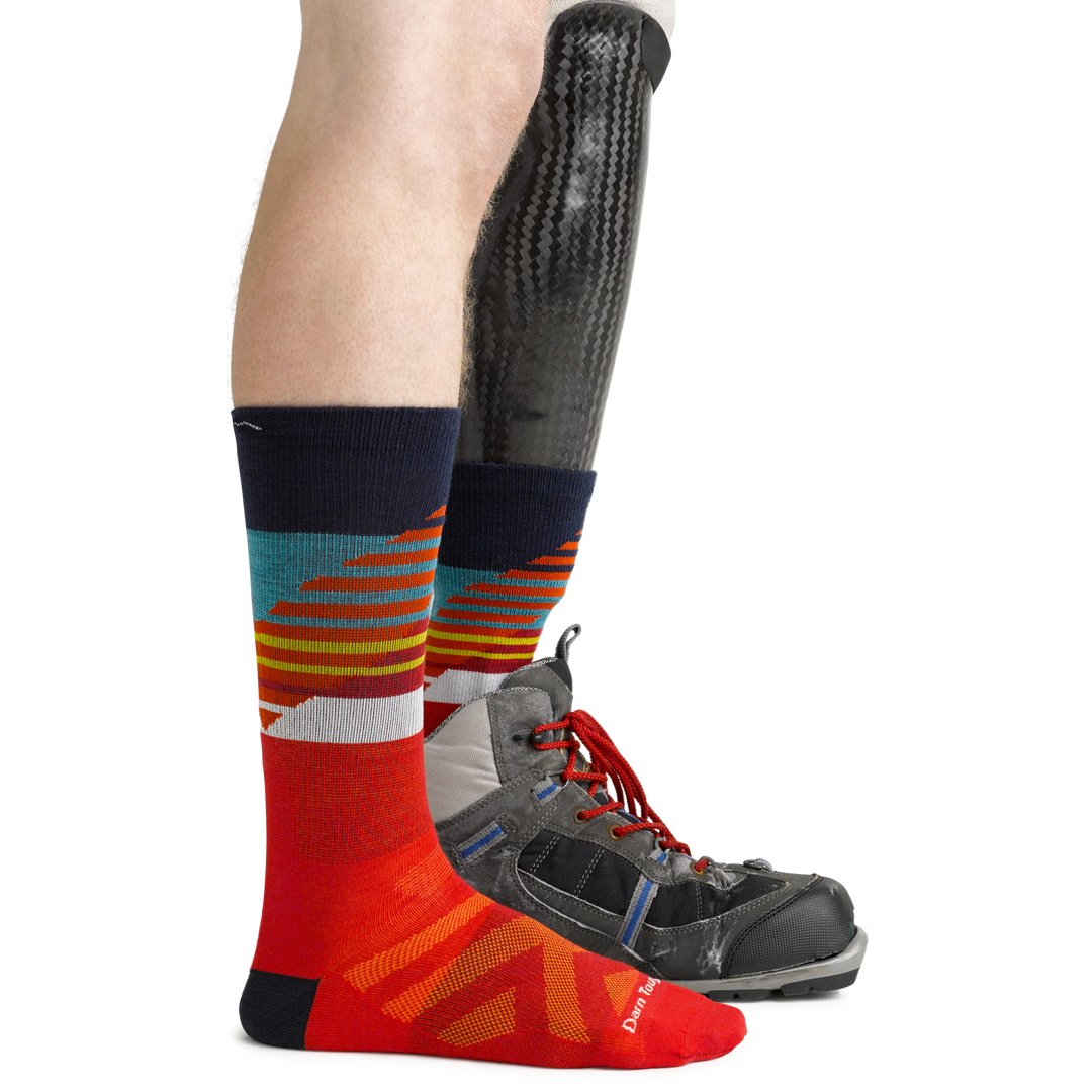 Men's Lillehammer Nordic Ski Socks in Red on prosthetic foot with boot