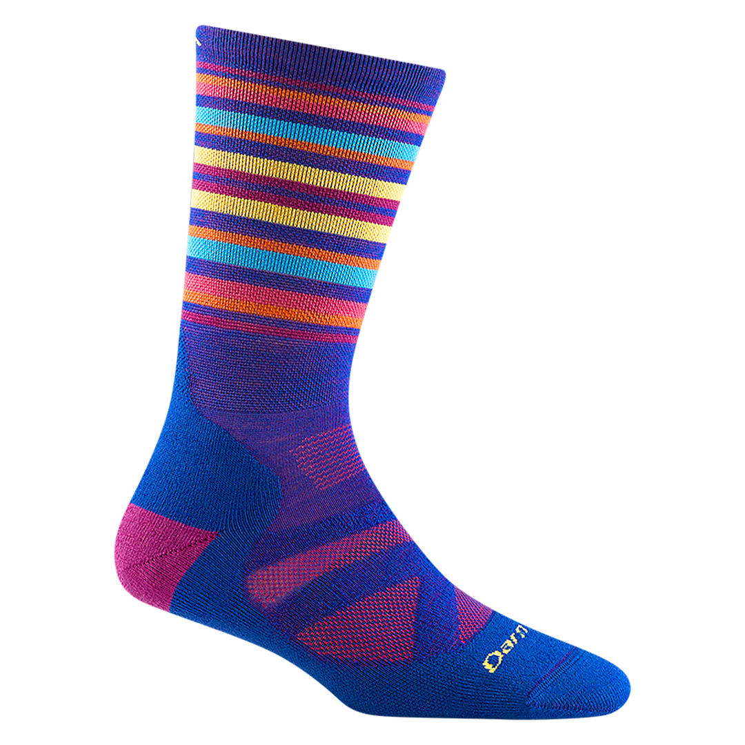 8033 women's oslo nordic boot ski sock in color marine blue with pink heel and aqua, orange, and yellow calf striping