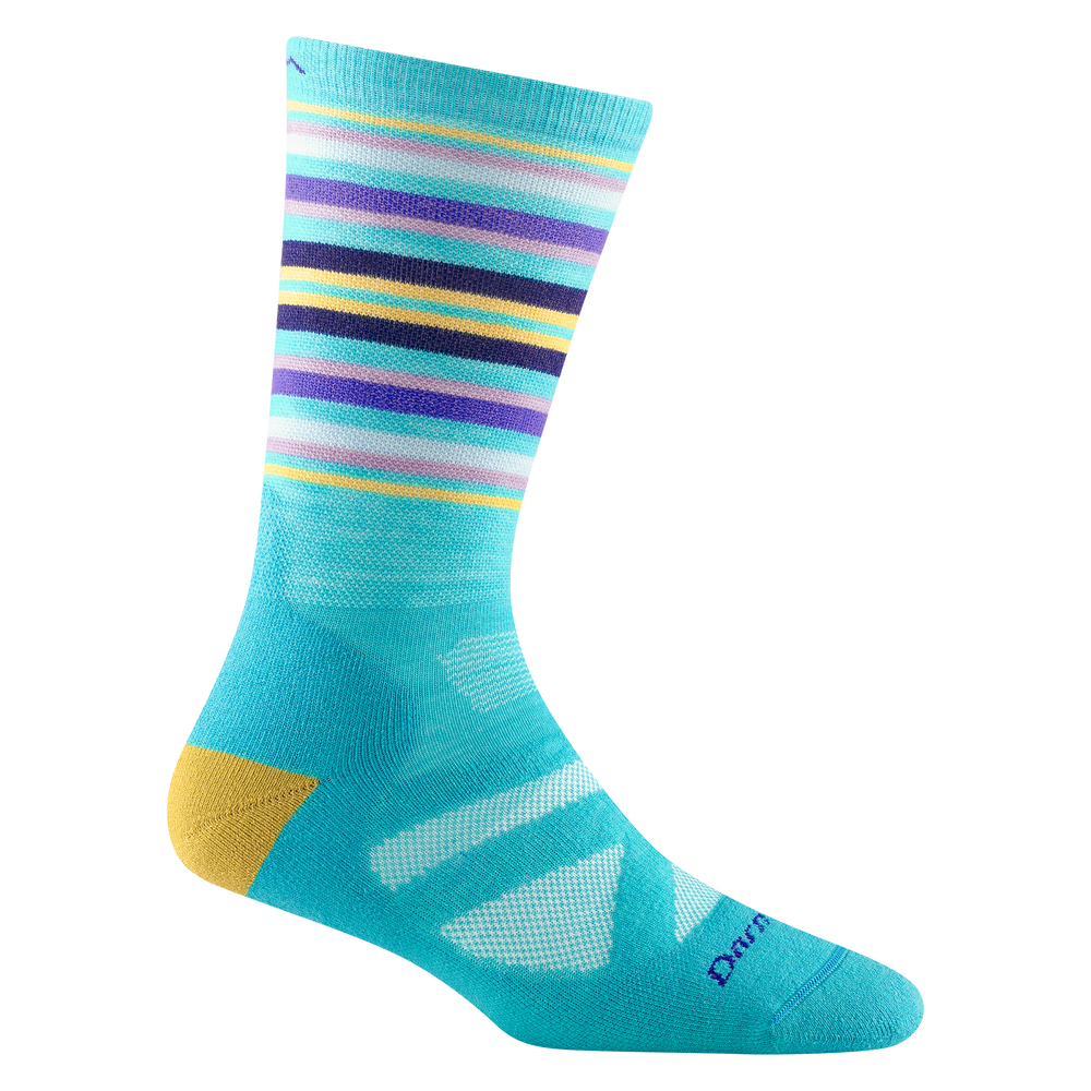 8033 women's oslo nordic boot ski sock in color teal with yellow heel and purple, yellow, and pink calf striping