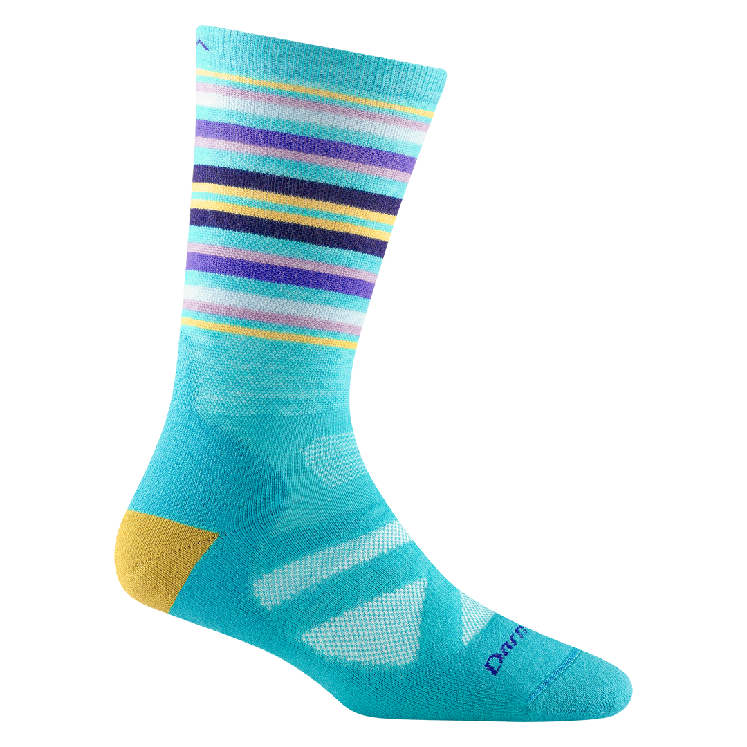 8033 women's oslo nordic boot ski sock in color teal with yellow heel and purple, yellow, and pink calf striping