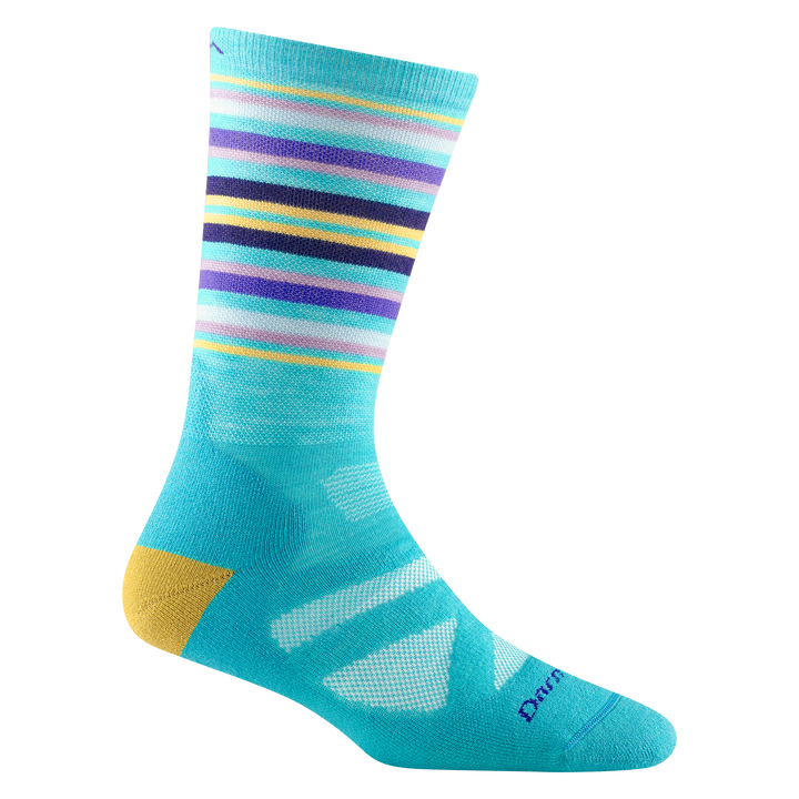 8033 women's oslo nordic boot ski sock in color teal with yellow heel and purple, yellow, and pink calf striping