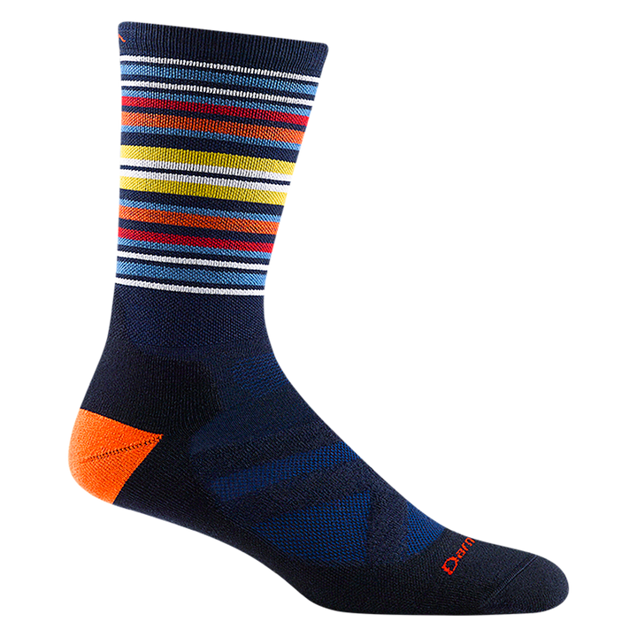 8034 men's oslo nordic boot ski sock in color navy with orange heel and yellow, blue, and orange calf striping