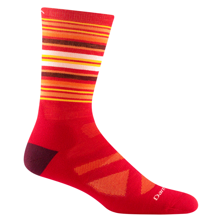 8034 men's oslo nordic boot ski sock in color rune red with burgundy heel and yellow and orange calf striping