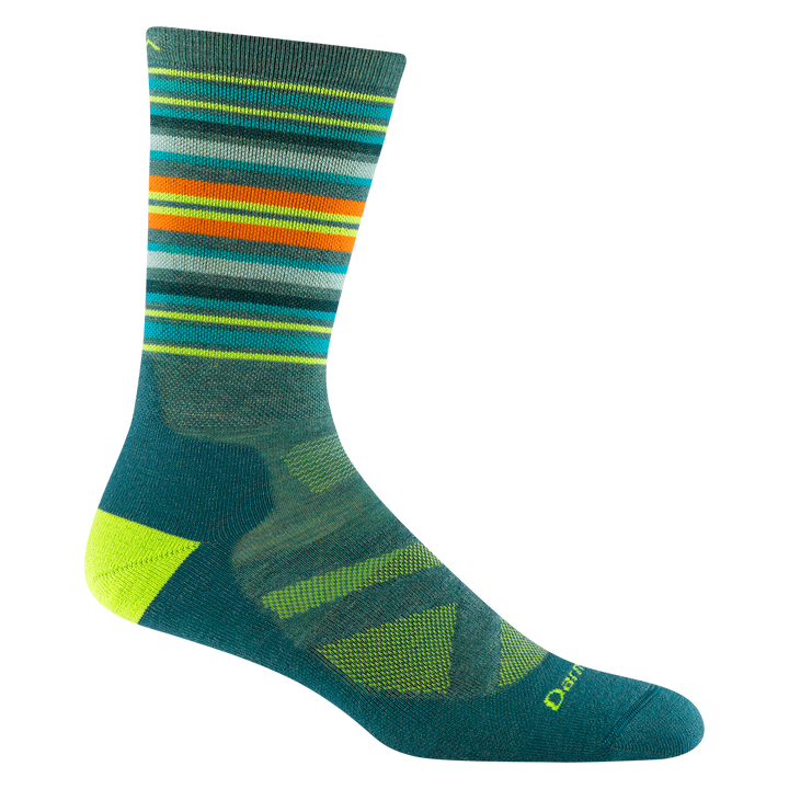 8034 men's oslo nordic boot ski sock in color spruce with bright green heel and yellow, blue and orange calf striping