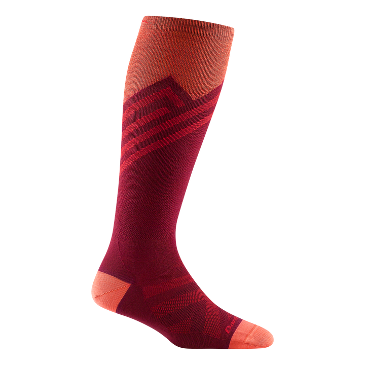 8035 women's peaks over-the-calf ski sock in burgundy with coral toe/heel accents and red chevron forefoot