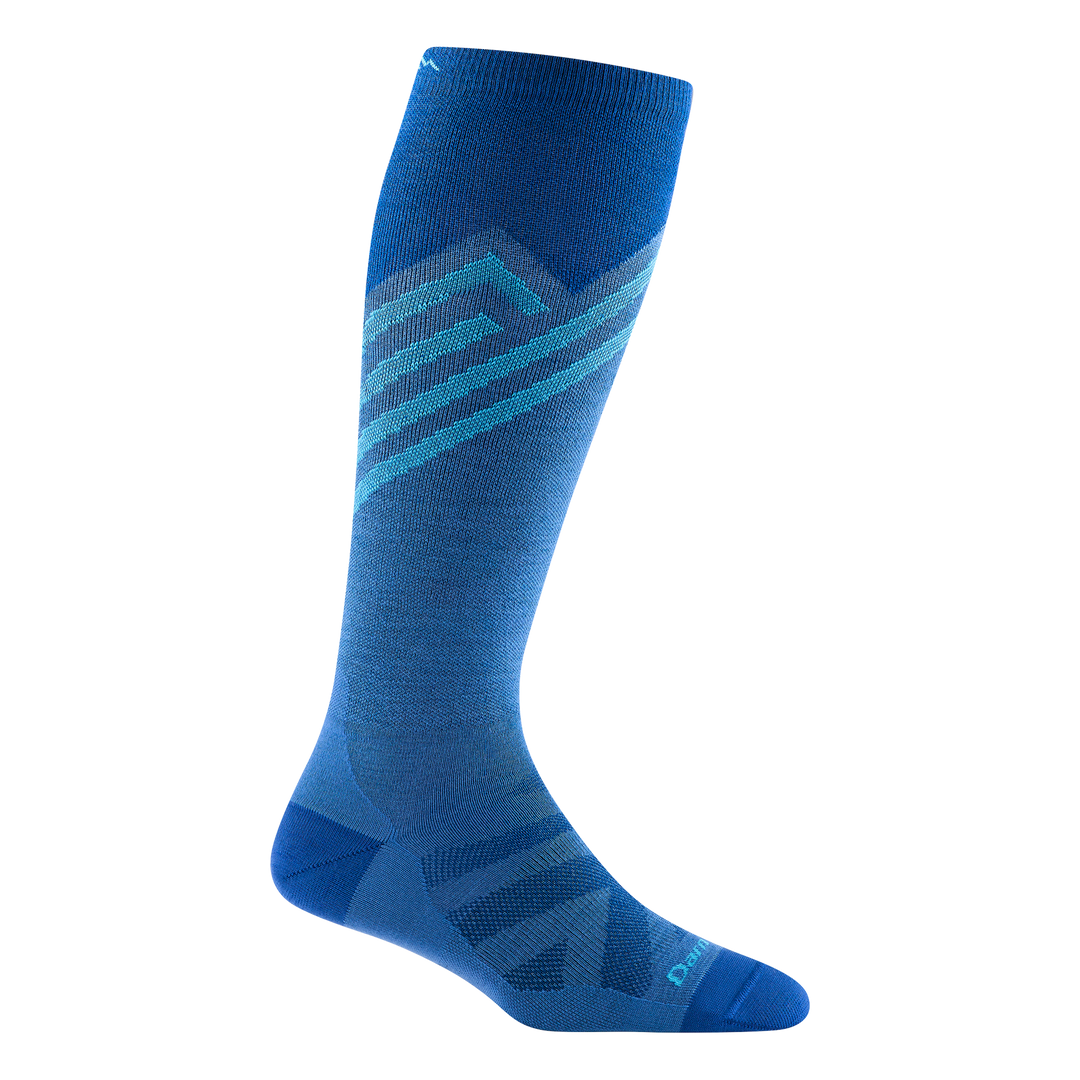 8035 women's peaks over-the-calf ski sock in stellar with blue toe/heel accents and light blue striping on calf