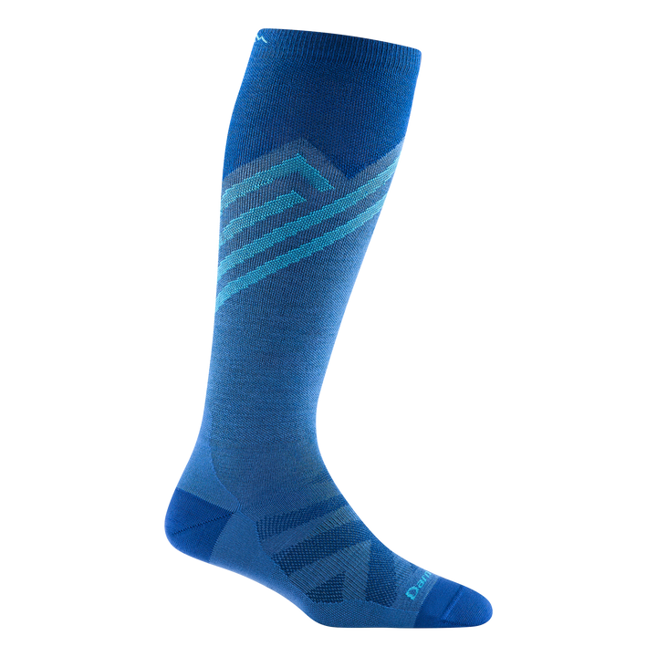 8035 women's peaks over-the-calf ski sock in stellar with blue toe/heel accents and light blue striping on calf