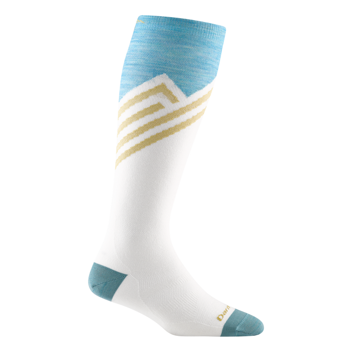 8035 women's peaks over-the-calf ski sock in white with aqua toe/heel accents and gold striping on calf
