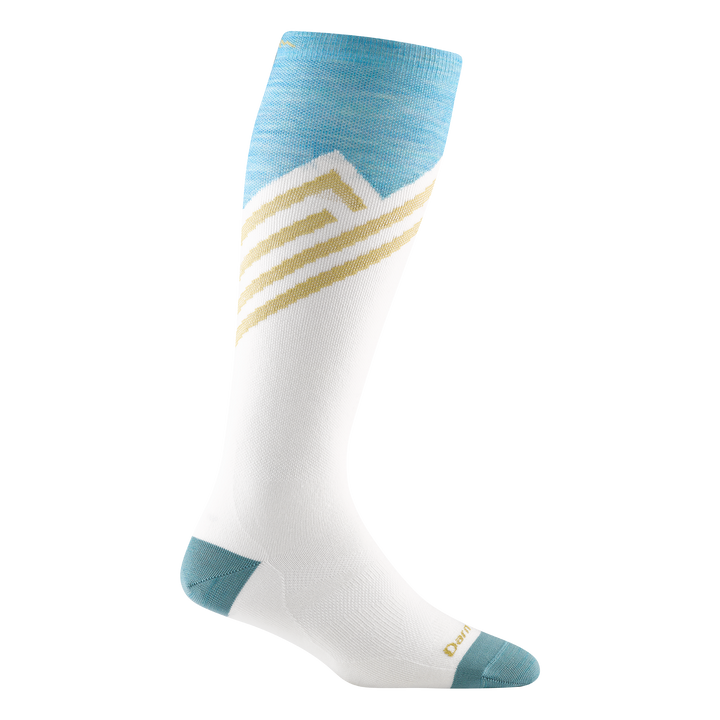 8035 women's peaks over-the-calf ski sock in white with aqua toe/heel accents and gold striping on calf
