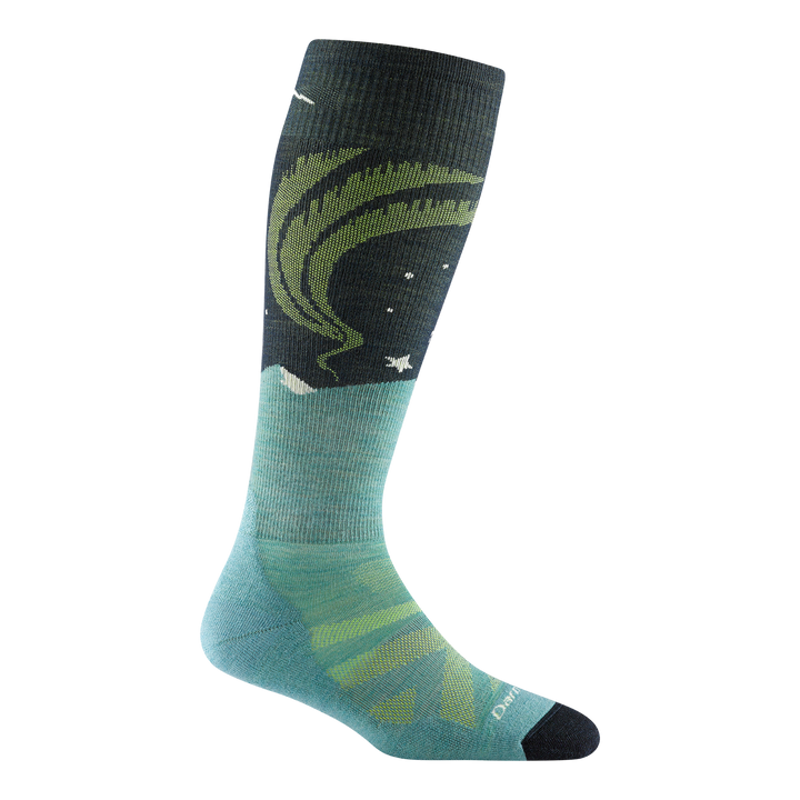 8036 women's aurora over-the-calf ski sock in aqua and dark gray with black toe and northern lights design on calf