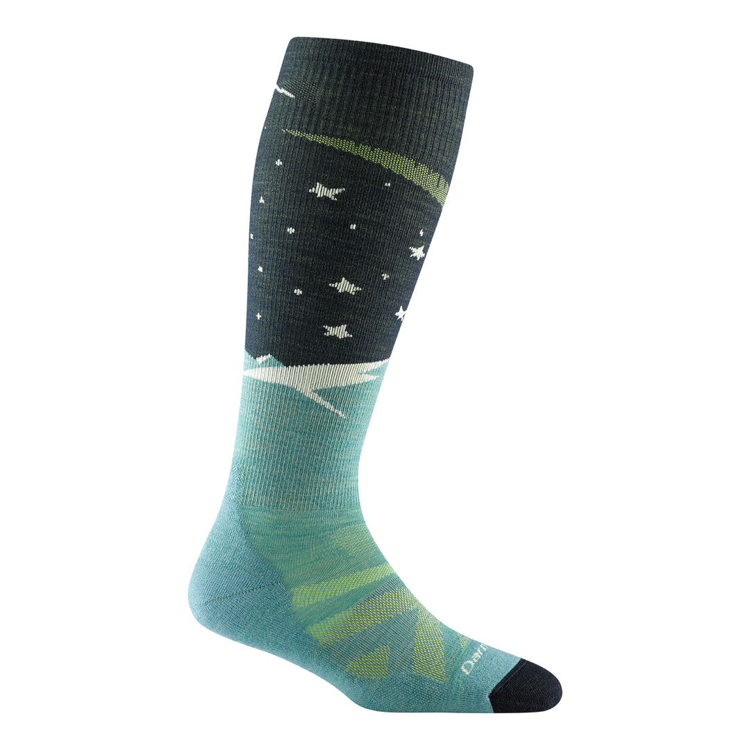 Reverse side of women's aurora over-the-calf ski sock in aqua with green chevron forefoot and white stars on calf