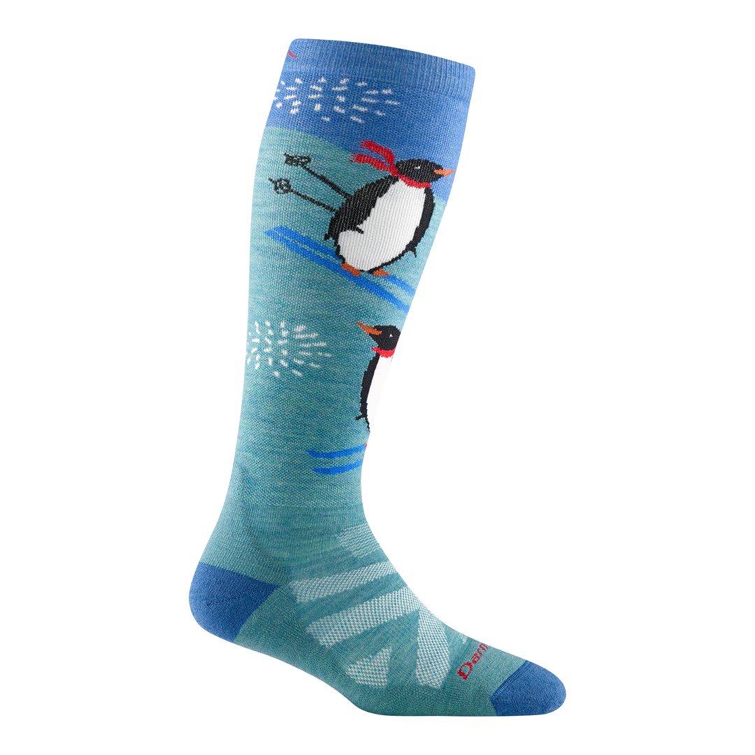8037 women's penguin peak over-the-calf ski sock in color aqua with blue accents and skiing penguins design on shin